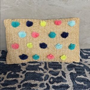 Tommy Bahama Indoor Outdoor Throw Pillow Straw Weave Pom Pom Boho jute wicker